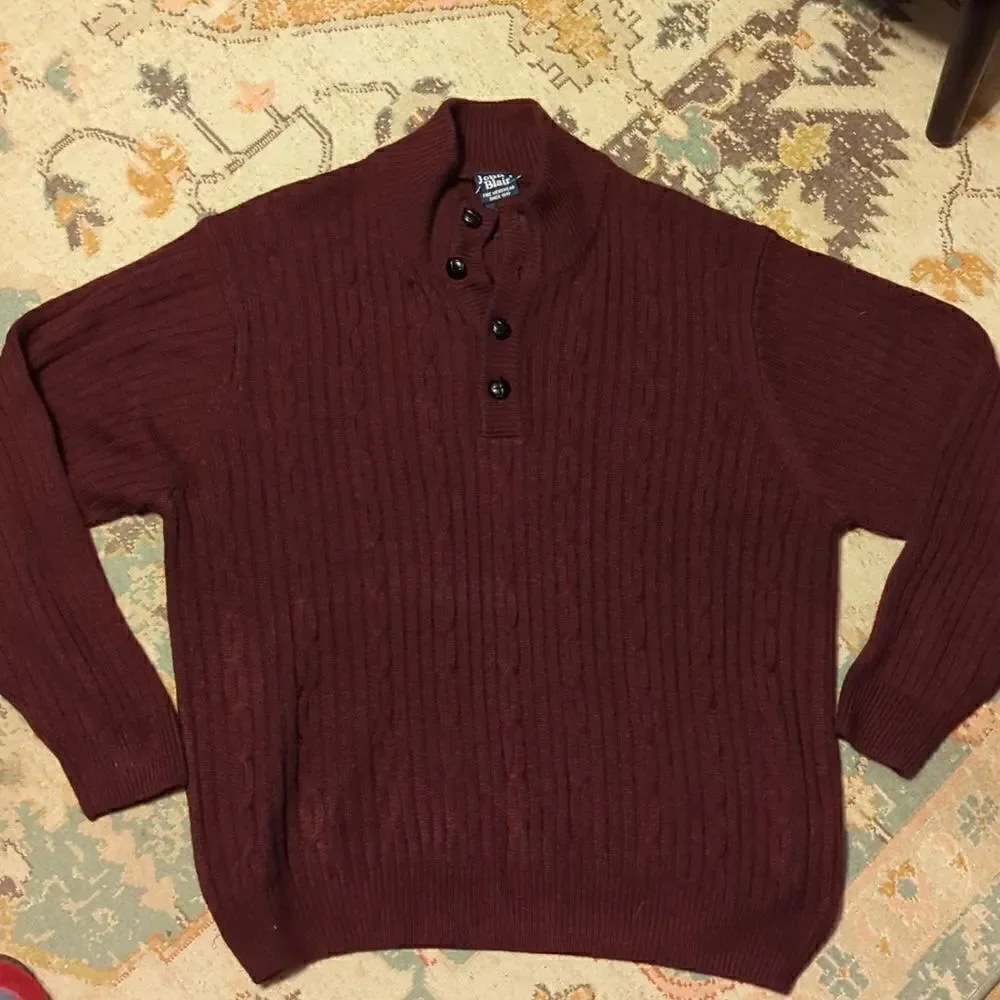 John Blair‎ Quarter-button Fisherman Sweater, deep wine color